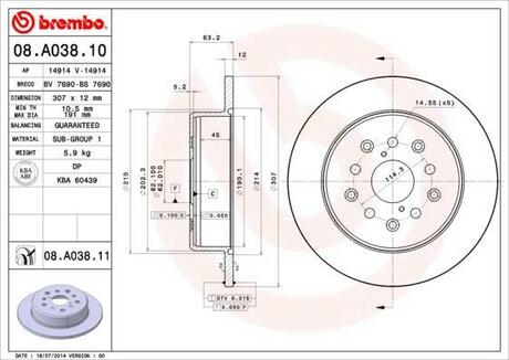 08.A038.11 BREMBO Тормозной диск