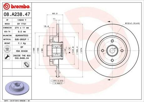 08.A238.47 BREMBO Тормозной диск