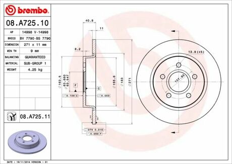 08.A725.11 BREMBO тормозной диск
