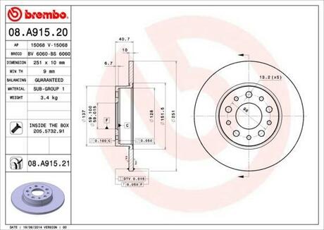 08.A915.21 BREMBO Тормозной диск