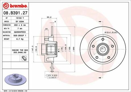 08.B391.27 BREMBO Тормозной диск