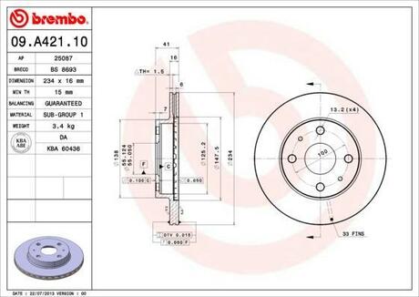 09.A421.10 BREMBO Тормозной диск