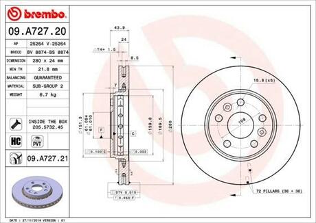 09.A727.21 BREMBO Гальмівний диск