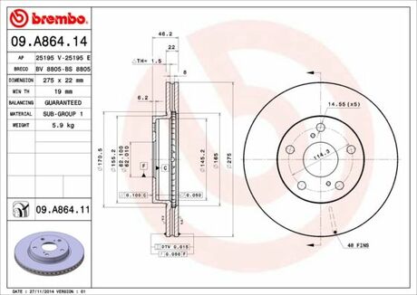 09.A864.11 BREMBO Тормозной диск
