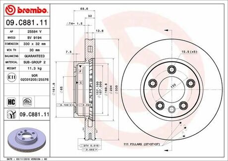 09.C881.11 BREMBO тормозной диск