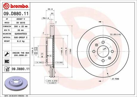 09.D880.11 BREMBO TARCZA HAMULC. KIA STONIC 17- PRZÓD