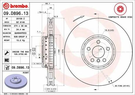 09.D896.13 BREMBO TARCZA HAMULC. BMW 7 G11,G12 15- PP