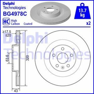 BG4978C Delphi Компл. тормозных дисков (2шт) задний Левый/Правый VOLVO S60 III, S90 II, V60 II, V90 II, XC60 II, XC90 II 2.0-2.0H 09.14-