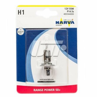 48334B1 NARVA Лампа накаливания H1 12V 55W P14,5S RANGE POWER +50 (Blister 1шт) (пр-во )