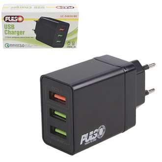 LC-34830 BK Pulso Сетевое зарядное устройство 30W, 3 USB, QC3.0 (Port 1-5V*3A/9V*2A/12V*1.5A. Port 2/3-5V2.4A) ()