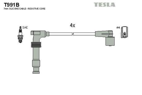 T991B TESLA Провода высоковольтные, комплект Opel Astra g 1.4 (98-05),Opel Zafira a 1.6 (99-05) ()
