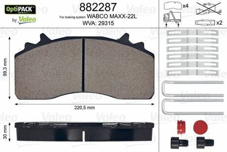 882287 Valeo Колодки тормозные WVA 29315, 220,5x 99,3x30